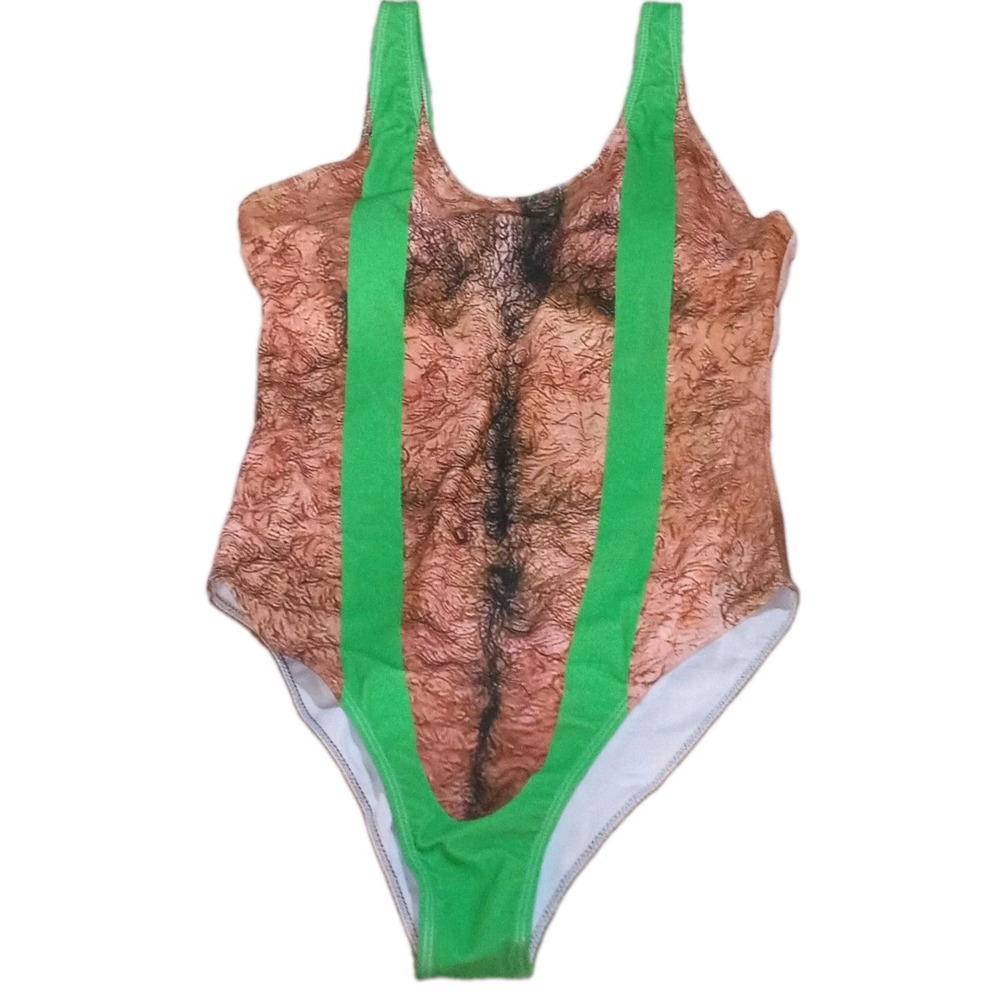 Novelty Borat Inspired Hairy Chest One Piece Padded Swimsuit Gag Gift Green Lg